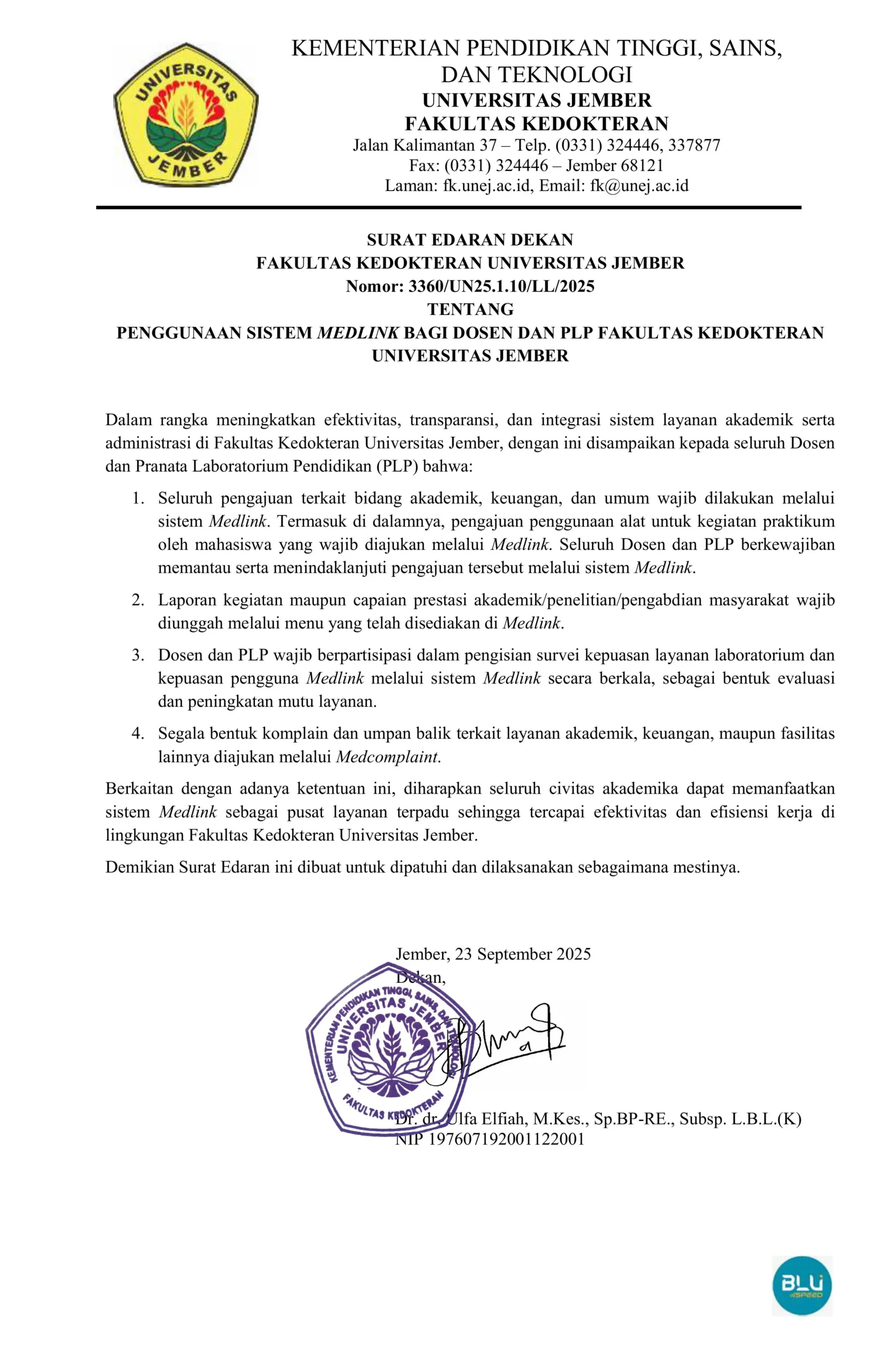 Surat Edaran Dekan tentang Penggunaan Sistem Medlink Bagi Dosen dan PLP Surat Edaran